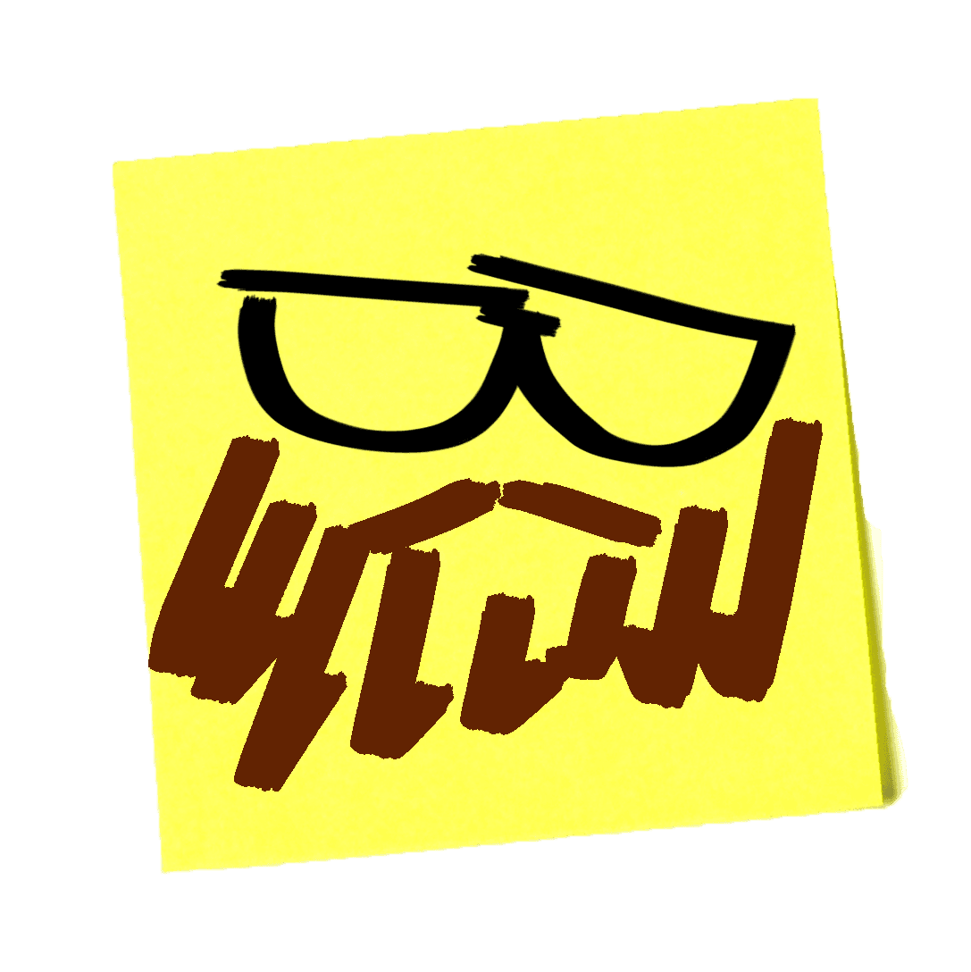 quick marker caricature of black glasses and a reddish beard on a yellow sticky note