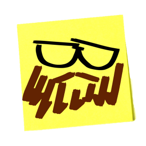 quick marker caricature of black glasses and a reddish beard on a yellow sticky note