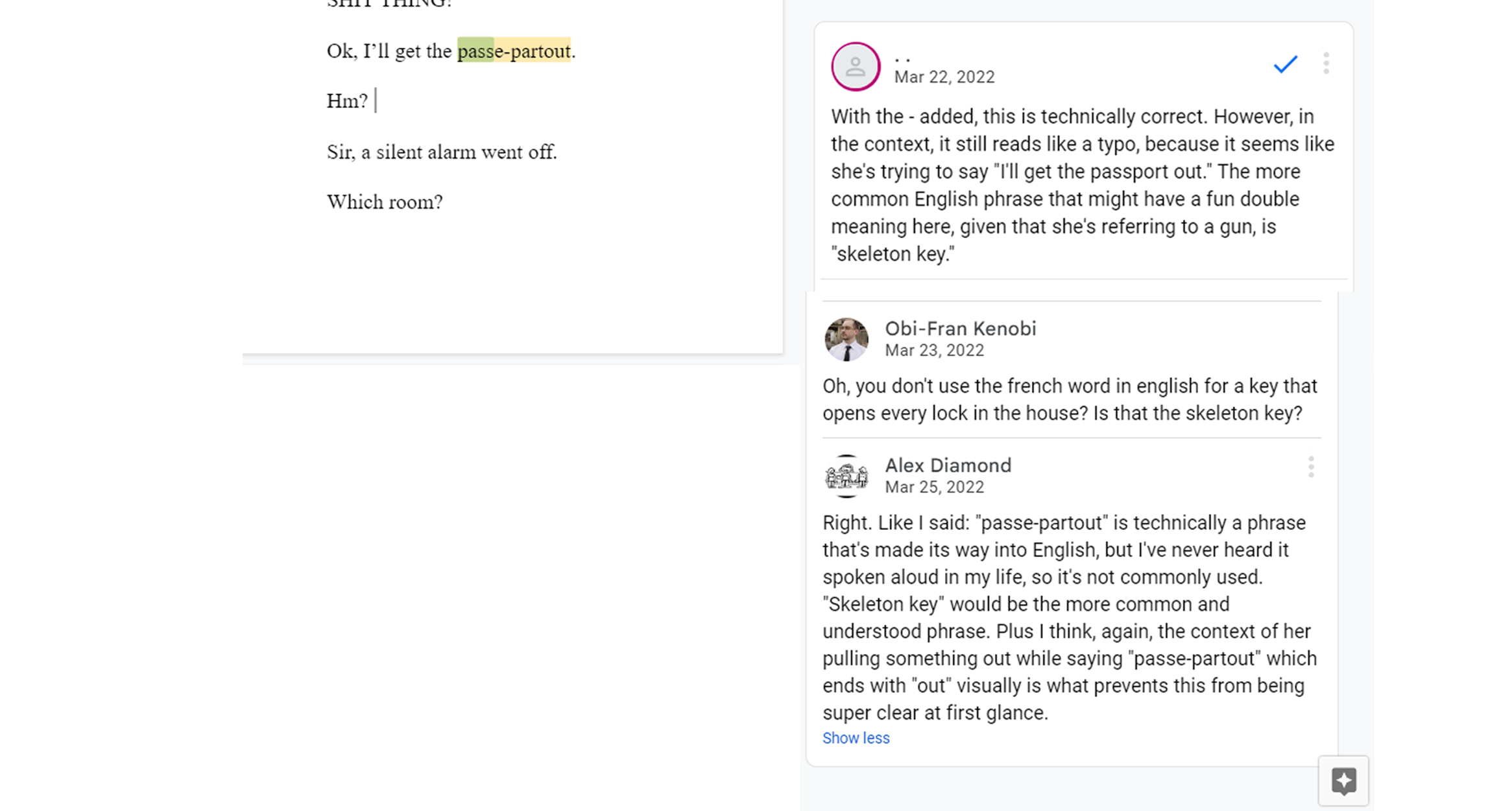 A screenshot of an editor convincing a creator to change "passe-partout" to "skeleton key" in a comics script.