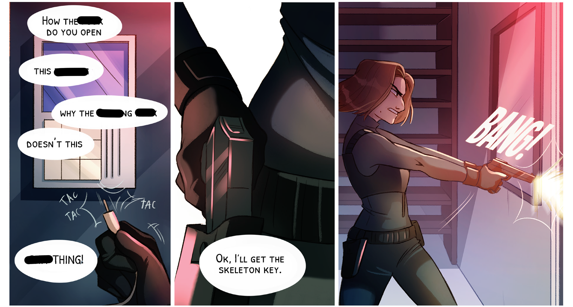 A screenshot of a finalized English comic in which a spy is trying to unlock a door and says "Ok, I'll get the skeleton key." and shoots the door