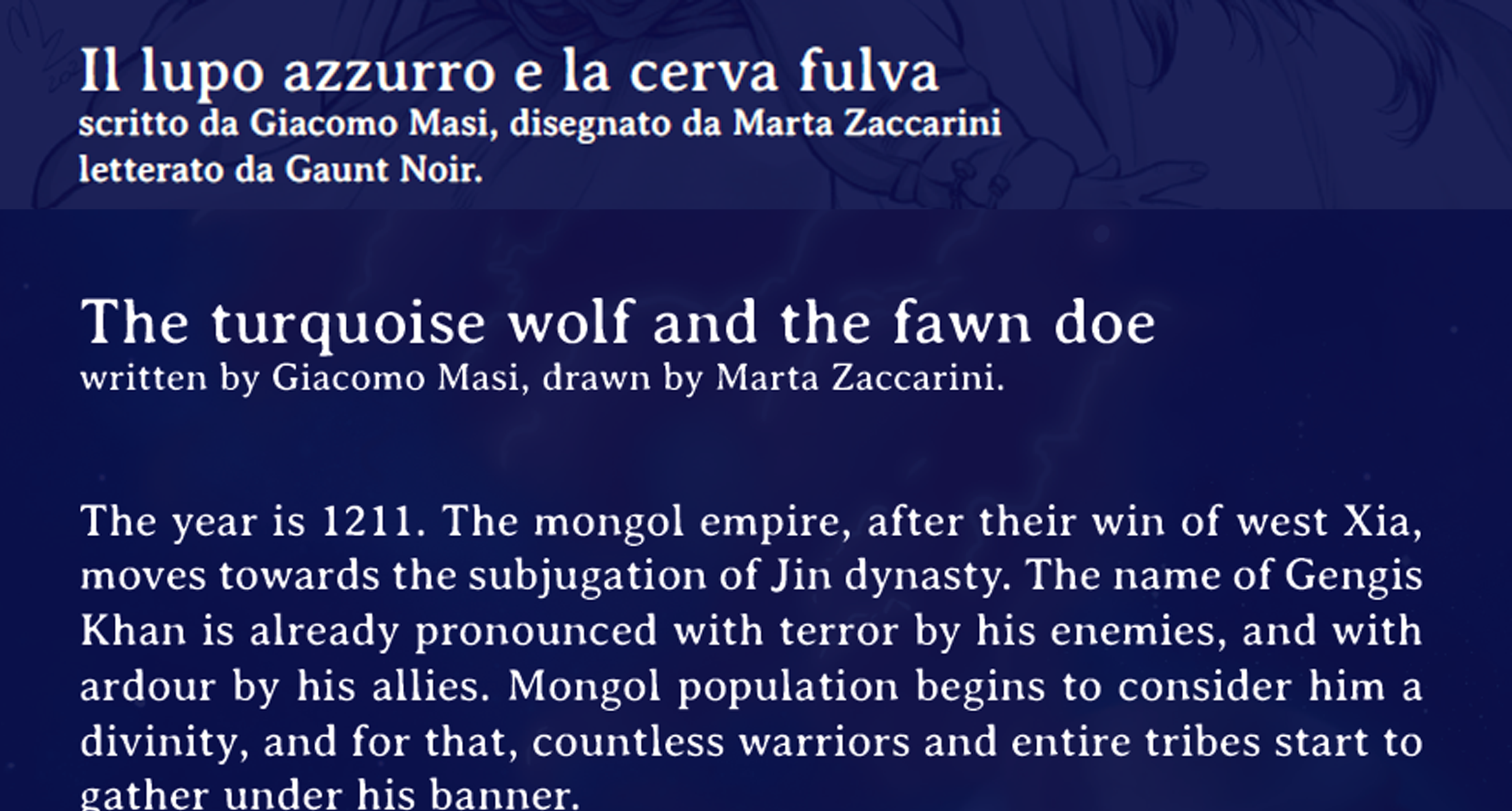 a screenshot of an Italian / English comics title page reading Il lupo azzurro e la cerva fulva / The turquoise wolf and the fawn doe with creator credits