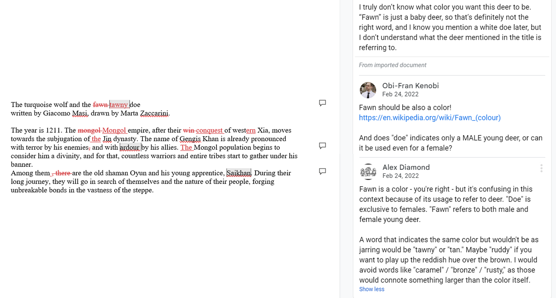 A screenshot of an editing conversation in which the editor convinces the writer to go with "tawny doe" instead of "fawn doe" as originally written