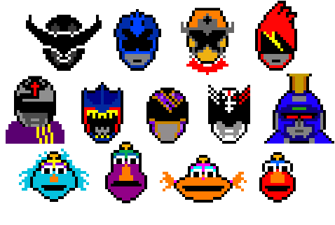 Pixel sprites of nine Power Rangers / Super Sentai helmets, plus the four monsters from Sesame Street's Monster Rangers.