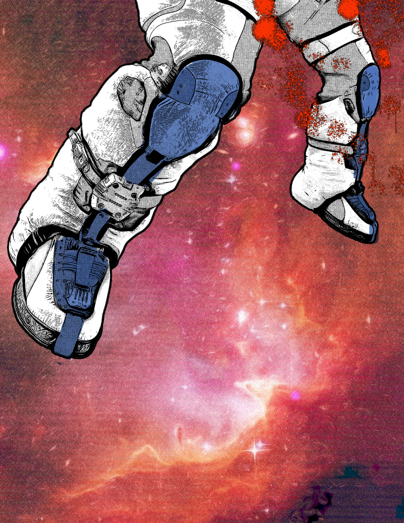 The legs of an astronaut's white and blue suit hover in front of a bright, multicolored nebula.