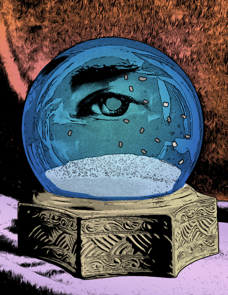 An illustrated image of an eye floating in the middle of a blue crystal ball, inside of which it is snowing.